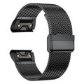 Stainless steel metal replacement strap for Garmin Fenix smartwatch in silver, black, gold, and rose gold.