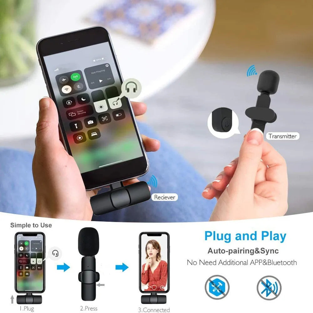 Wireless lavalier microphone and receiver set with 62x23x28mm mic, 45x27x7mm receiver, for iPhone Android recording
