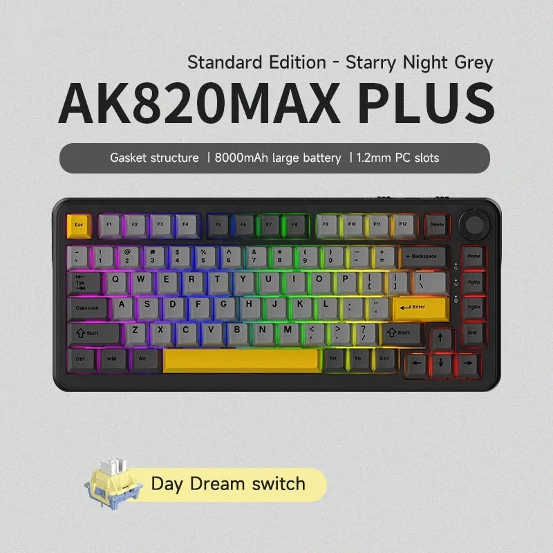 Black, grey and yellow wireless mechanical keyboard with hot-swap sockets and three connection modes