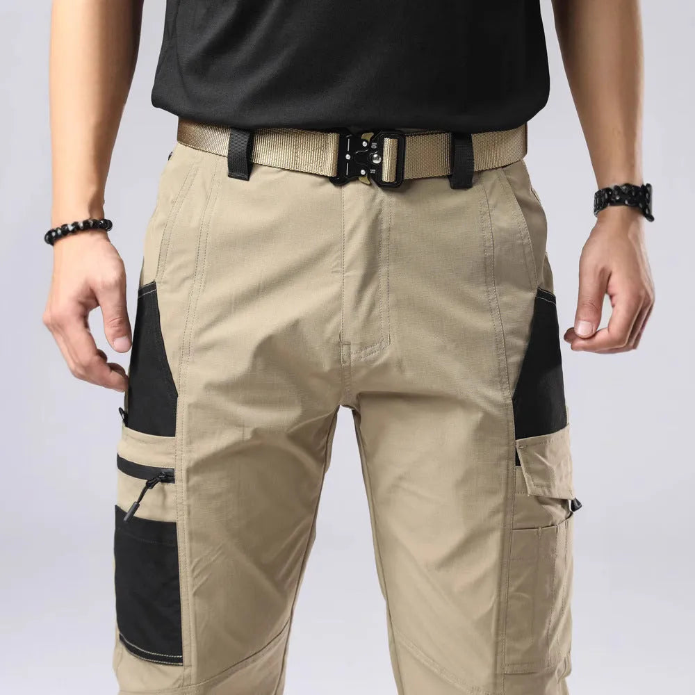 Men's outdoor cotton overalls in khaki with drawstring waist and loose fit, windproof and waterproof