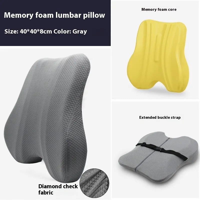 Grey ergonomic lumbar support cushion for an office chair, showing its 40x40x8cm size.