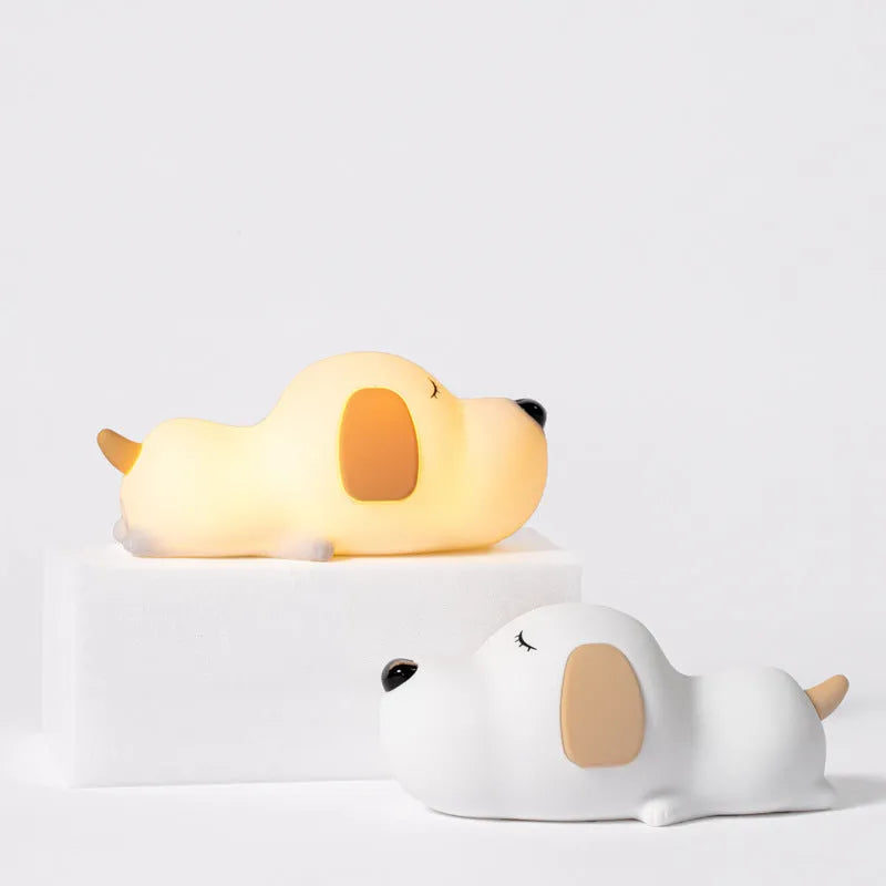 Silicone cartoon dog night light with two-tone design, shown with USB charging cable.