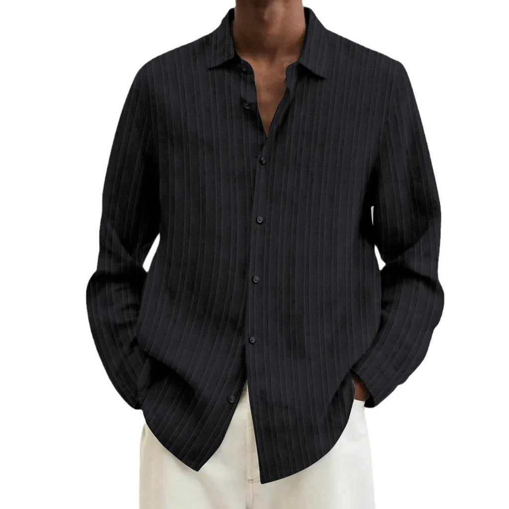 Men's striped British style cardigan shirt with long sleeves in polyester blend fabric