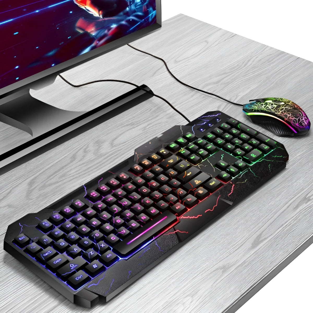 Crackle Word keyboard and mouse set with colourful backlit cracked panel design and multimedia keys