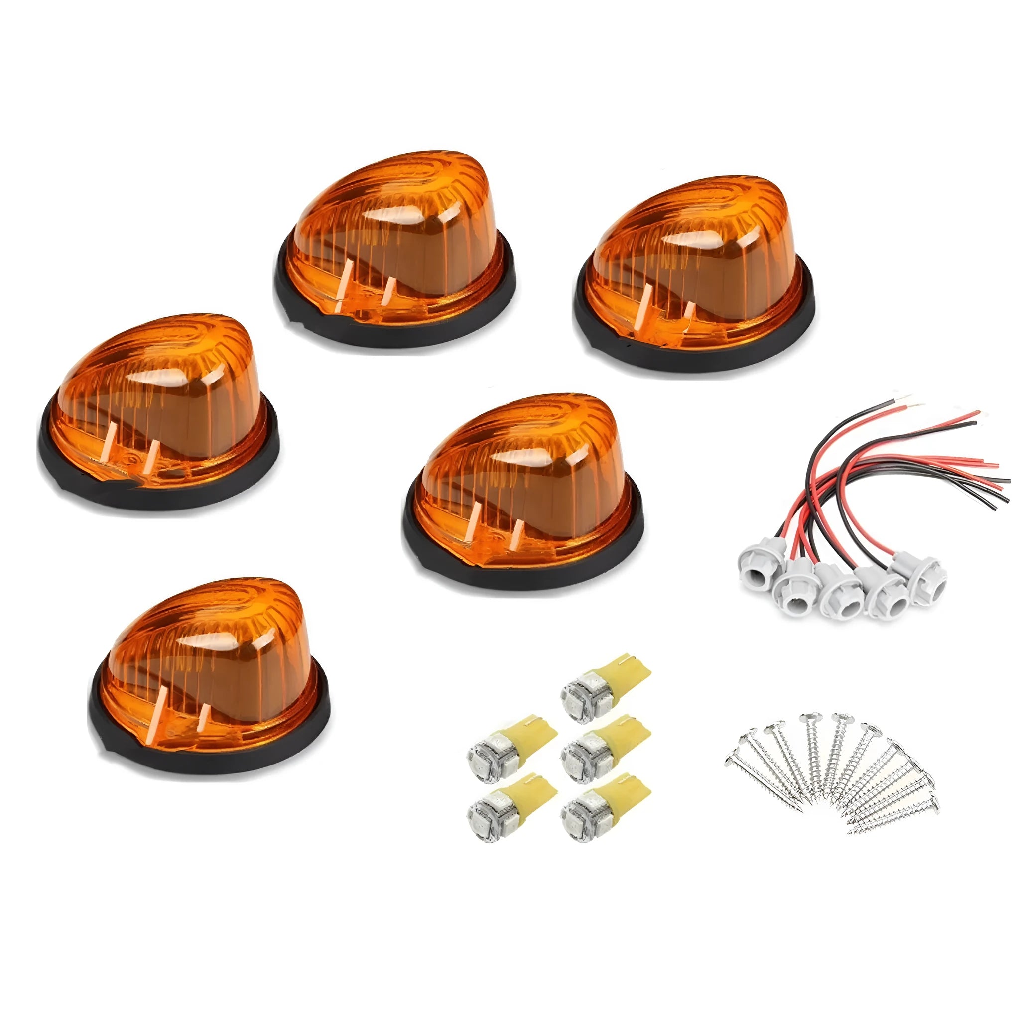 Five yellow LED roof cab light assemblies with T10 bulbs and mounting hardware on a white background.