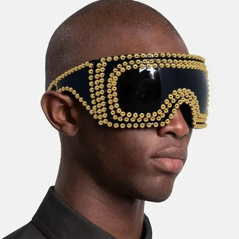 Men's silver punk sunglasses with large square frames and metal rivet details on the temples.