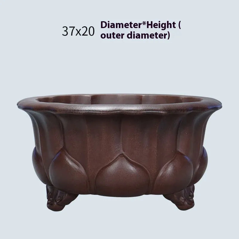 Square purple-red antique Petal Basin flowerpot for bonsai plants on a surface.