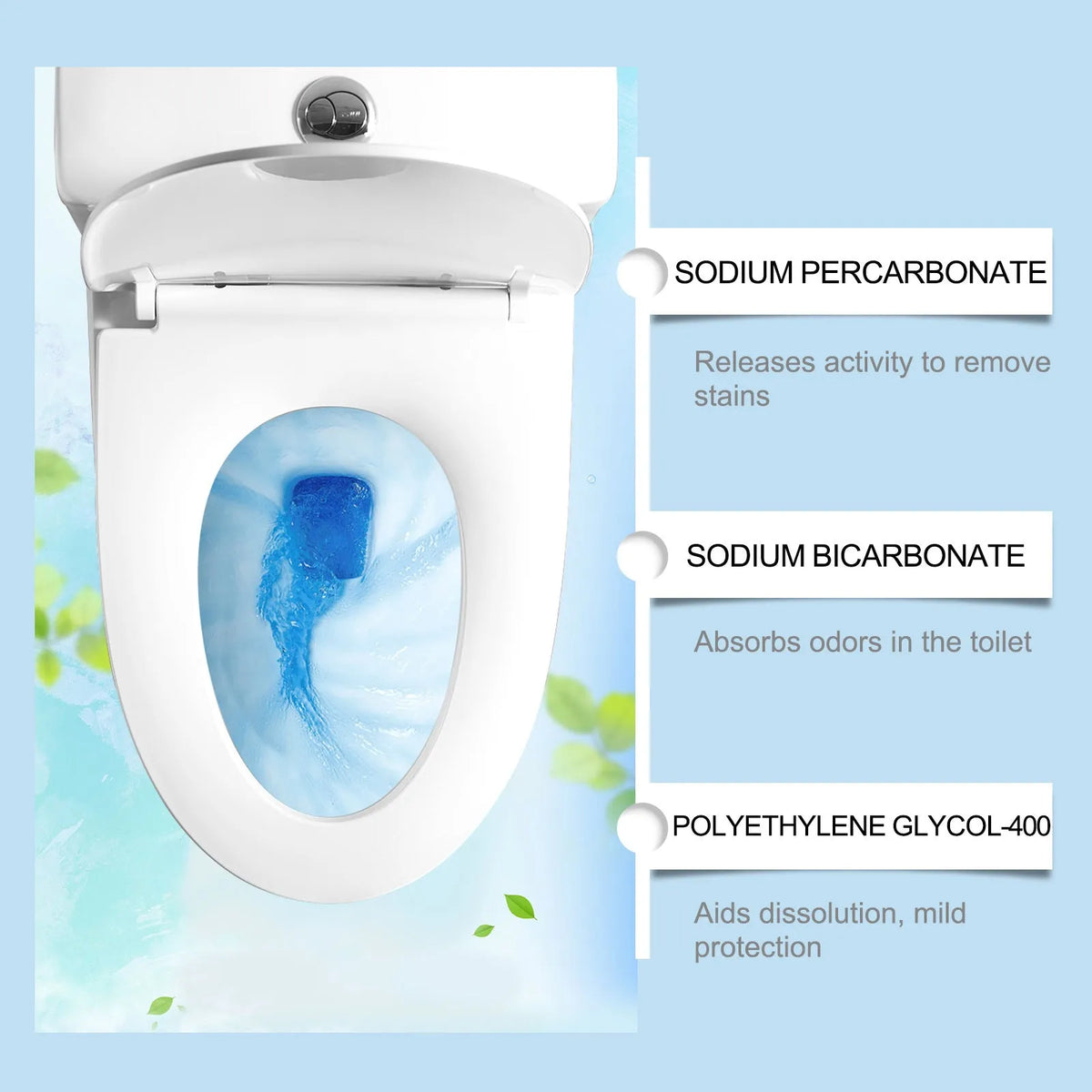 Pack of 12 automatic toilet bowl cleaner sheets with decontamination formula on white background