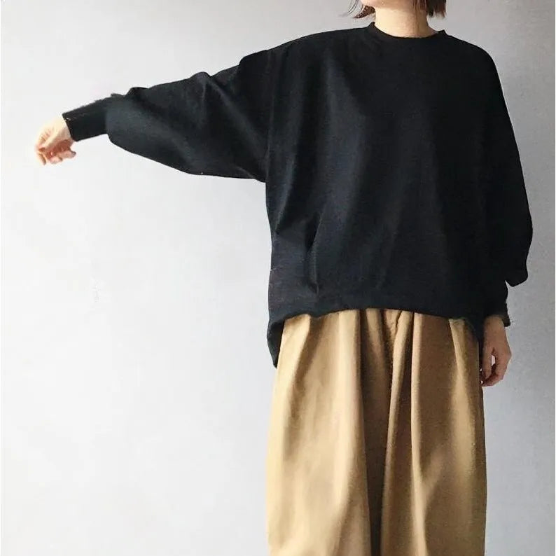 Women's two-piece set with loose round neck lantern sleeve sweater and cropped wide leg pants in picture colour