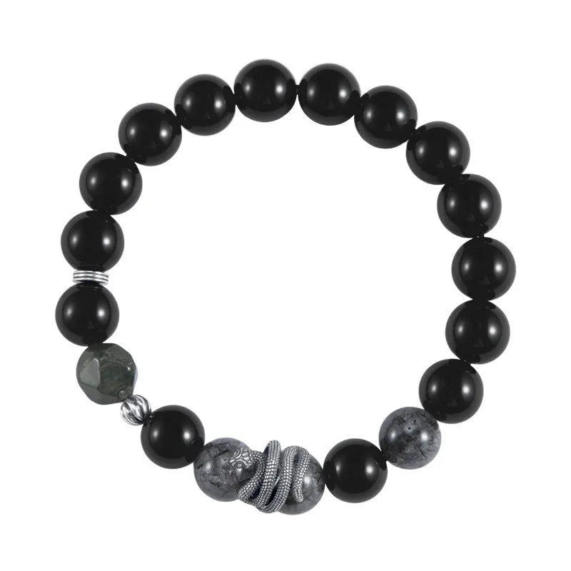 Men's black snake zodiac bracelet in S925 sterling silver with obsidian crystal elements, retro style 10mm jewellery