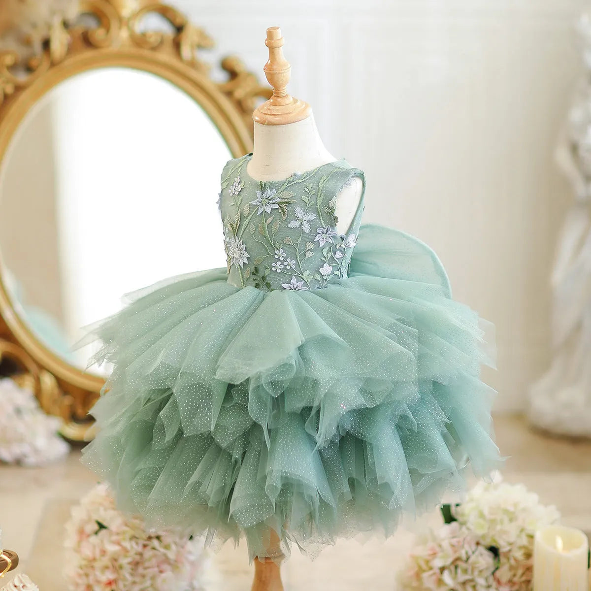 Girl's mori style princess birthday party dress in a single princess dress colour, polyester fibre blend, available from 80cm to 150cm height.