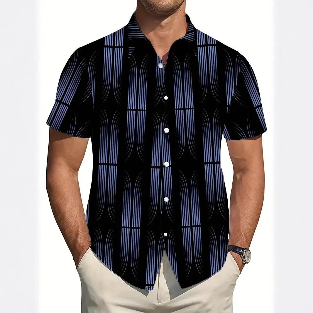 Men's slim fit geometric print short sleeve shirt with lapel collar on a hanger.