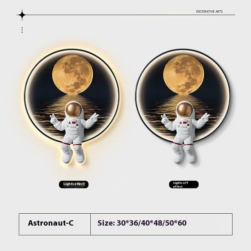 Spaceman astronaut themed children's wall painting with optional USB LED lights on canvas with MDF backing