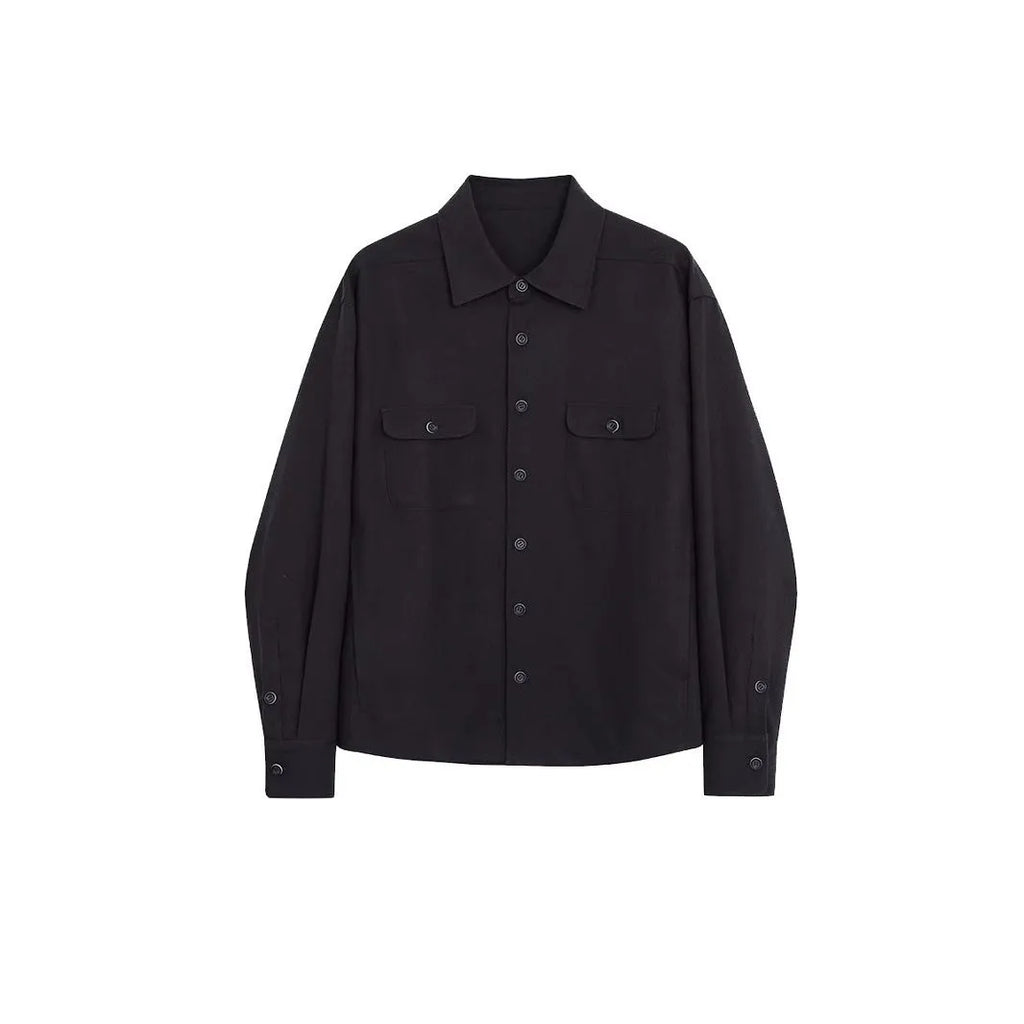 Men's light sand rice long sleeve casual shirt with a lapel collar, laid flat.