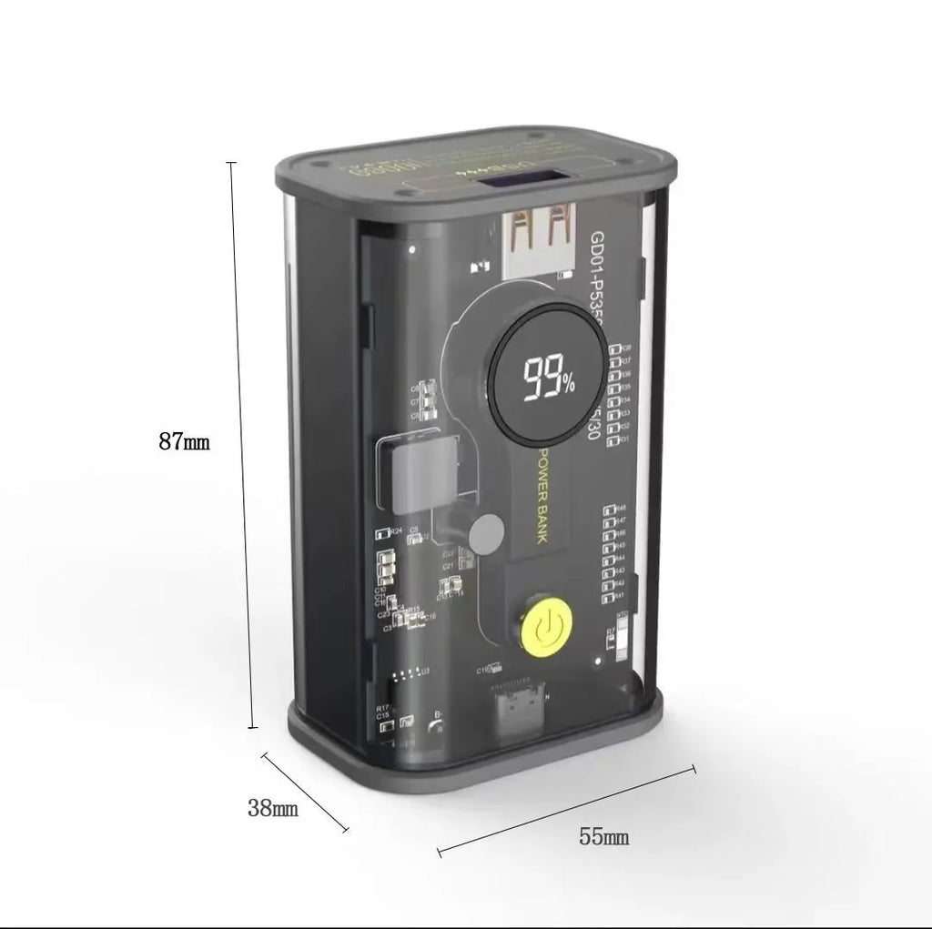 Transparent industrial power bank showing internal aluminium battery cells with 10000mAh capacity