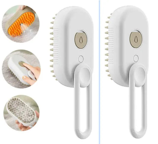 Porcelain White 3-in-1 Electric Steam Pet Brush with silicone bristles and USB charging port