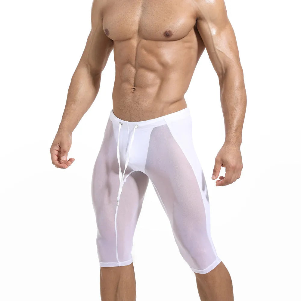 Men's mesh tight cycling pants with padding in black, low waist fifth-pant length, Nylon fabric