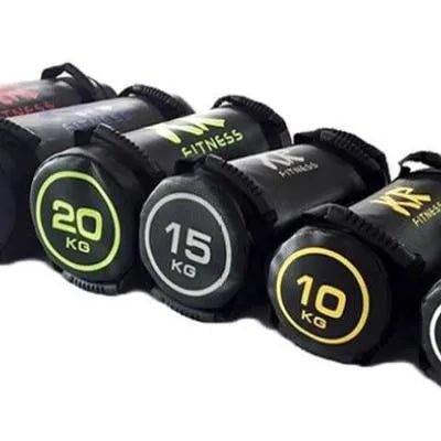 Flat white PVC fitness power sandbag for weight training, shown with weight options from 5KG to 30KG.