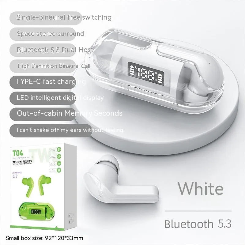 Transparent digital display case for a wireless Bluetooth headset with colour options of pink, black, green, and white.