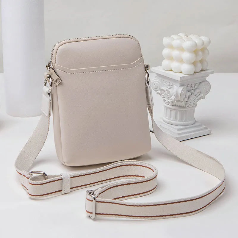 Simple solid colour mobile phone crossbody bag in PU leather showing black, beige, khaki, and green colour options.