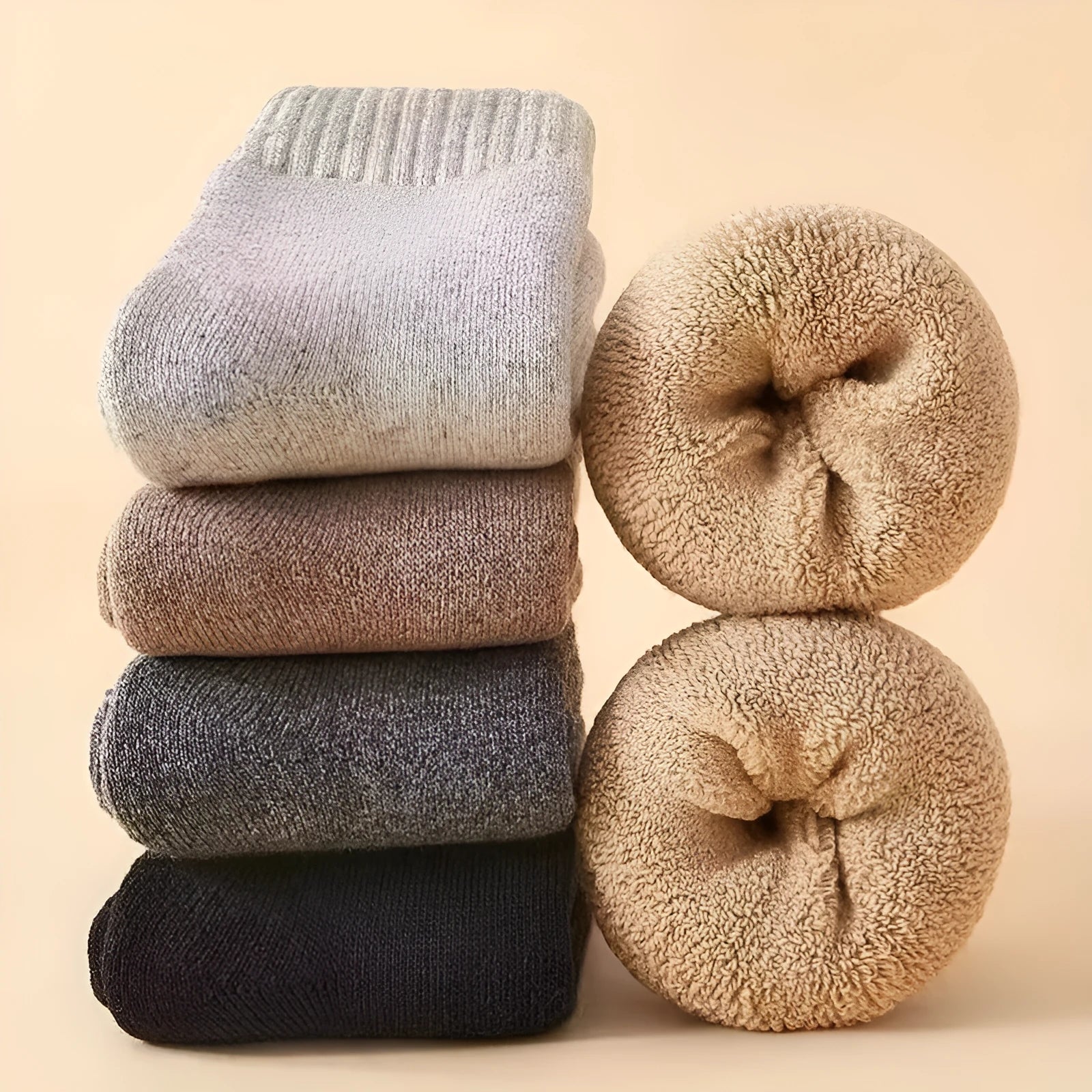 Pair of thick grey wool socks with a reinforced merino wool midsole for winter, presented in a box.