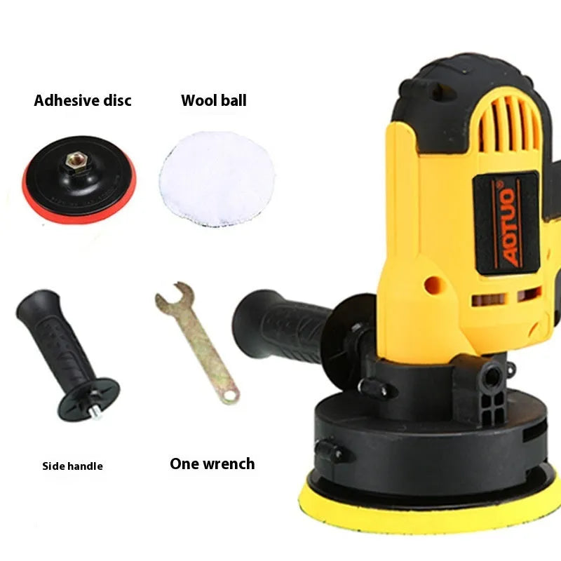 Yellow 110V car polishing machine 9-piece set with 700W motor, disc, wool ball, wrench, and side handle on a workshop bench
