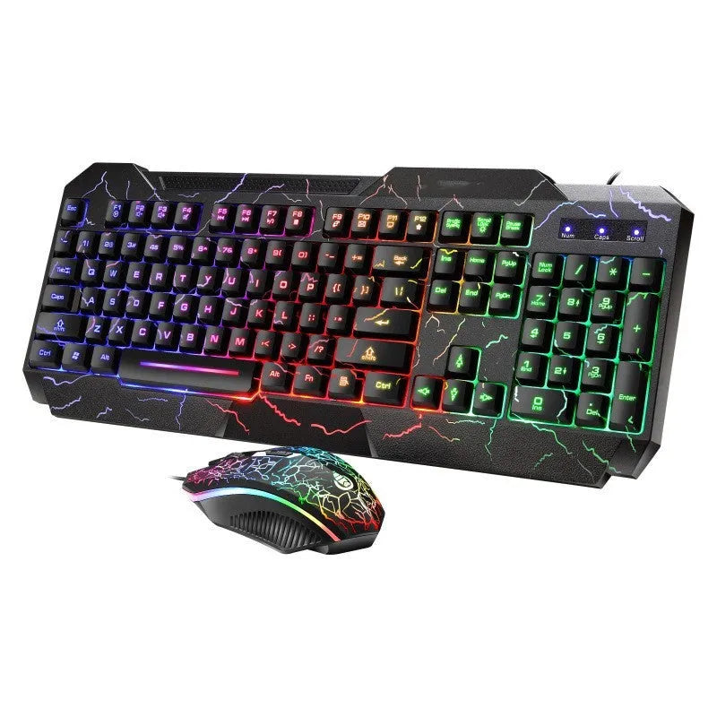 Crackle Word keyboard and mouse set with colourful backlit cracked panel design and multimedia keys