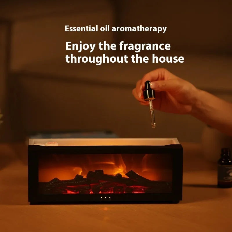 Square flame aromatherapy machine with LED 3D flame effect, seven colour mood lights, and remote control.