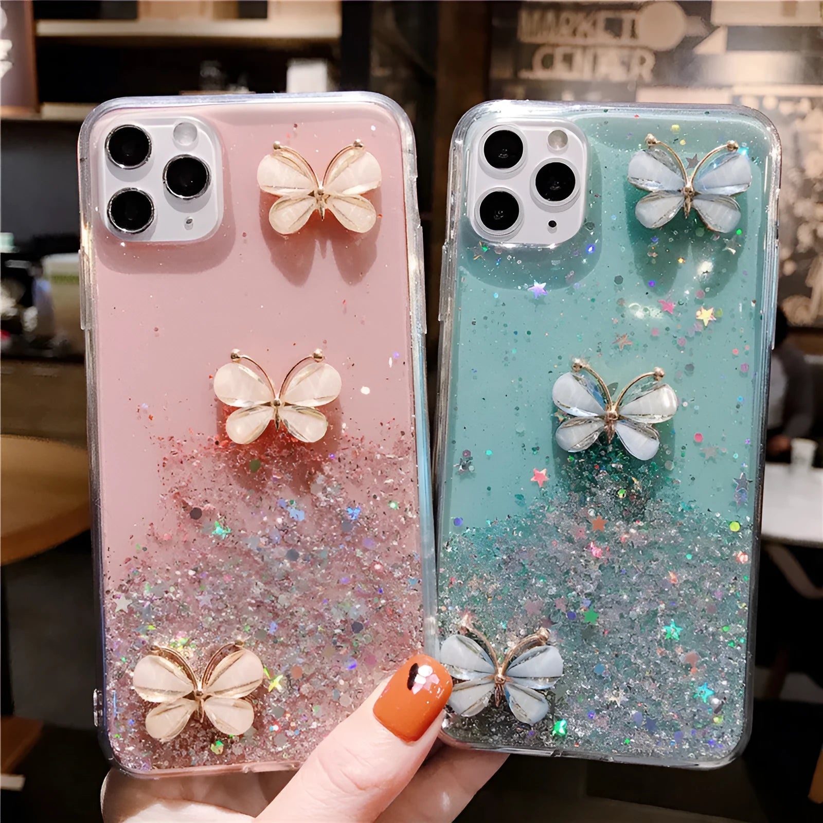 Fashion butterfly glitter starry sky TPU phone case with drop protection, transparent pink back cover for iPhone