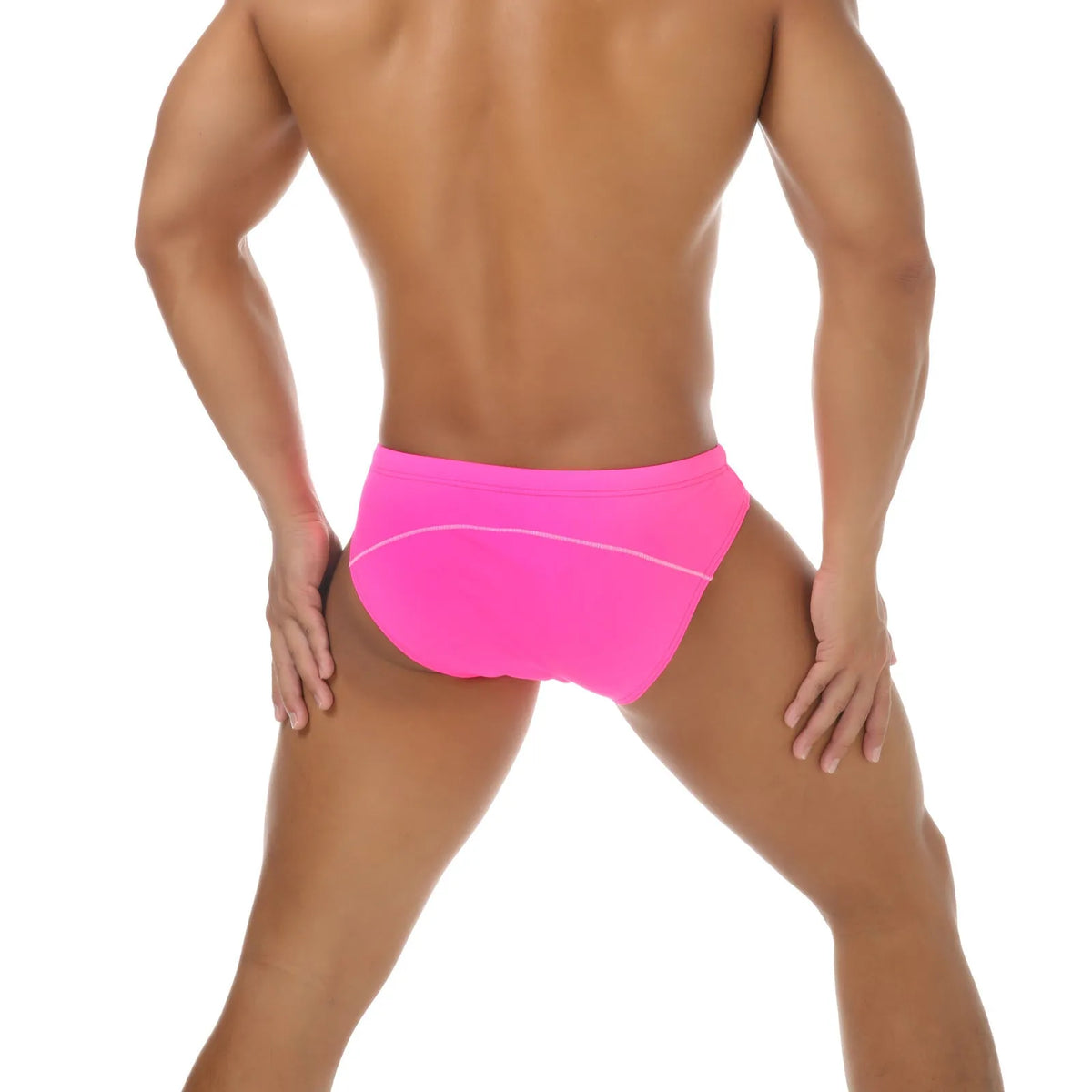Men's nylon bikini swim trunks with printed pattern, available in five colours and sizes M to 3XL