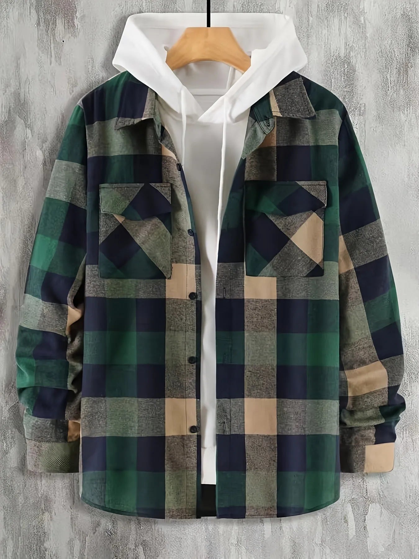Dark green cotton plaid cardigan shirt for men, front view, commuting style