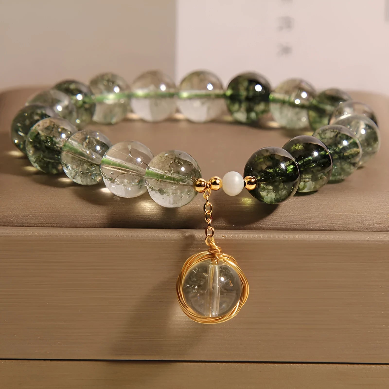 Natural chorite crystal bracelet with green phantom quartz beads in Japanese Korean style