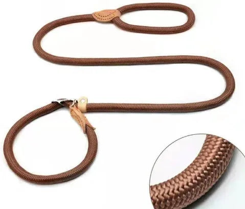 Brown nylon P chain dog leash with hand holding rope section, 2.1 metres long