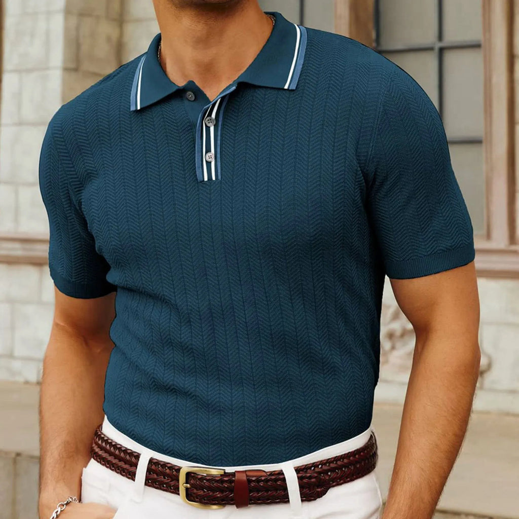 Men's solid colour short sleeve Tencel sweater in light blue, regular fit, flocked texture