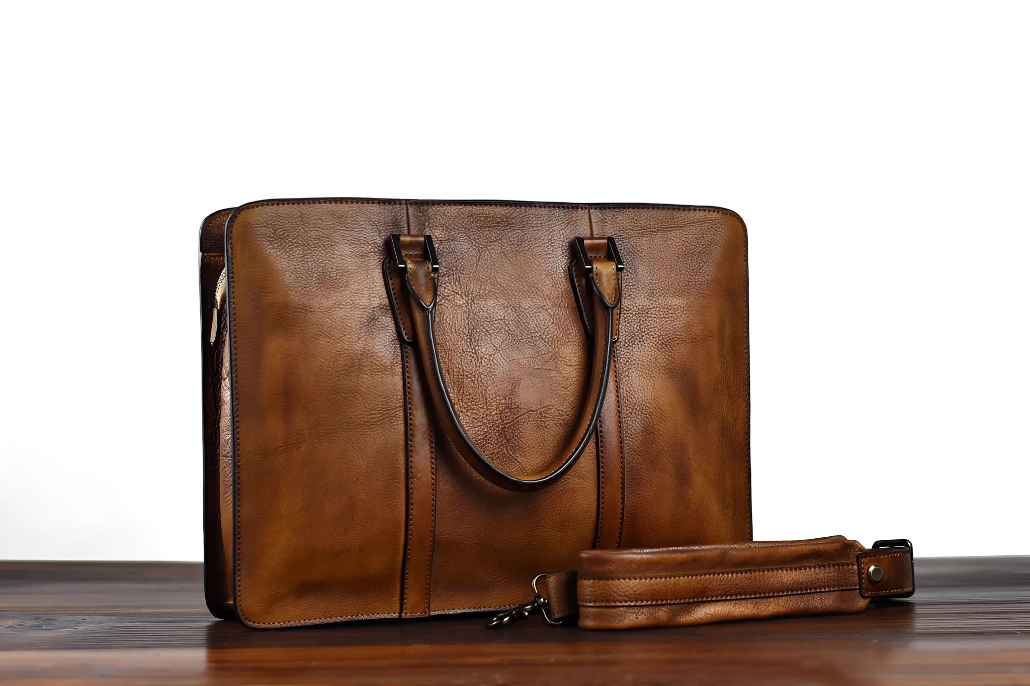 Men's brown leather horizontal business handbag with zipper closure showing retro design