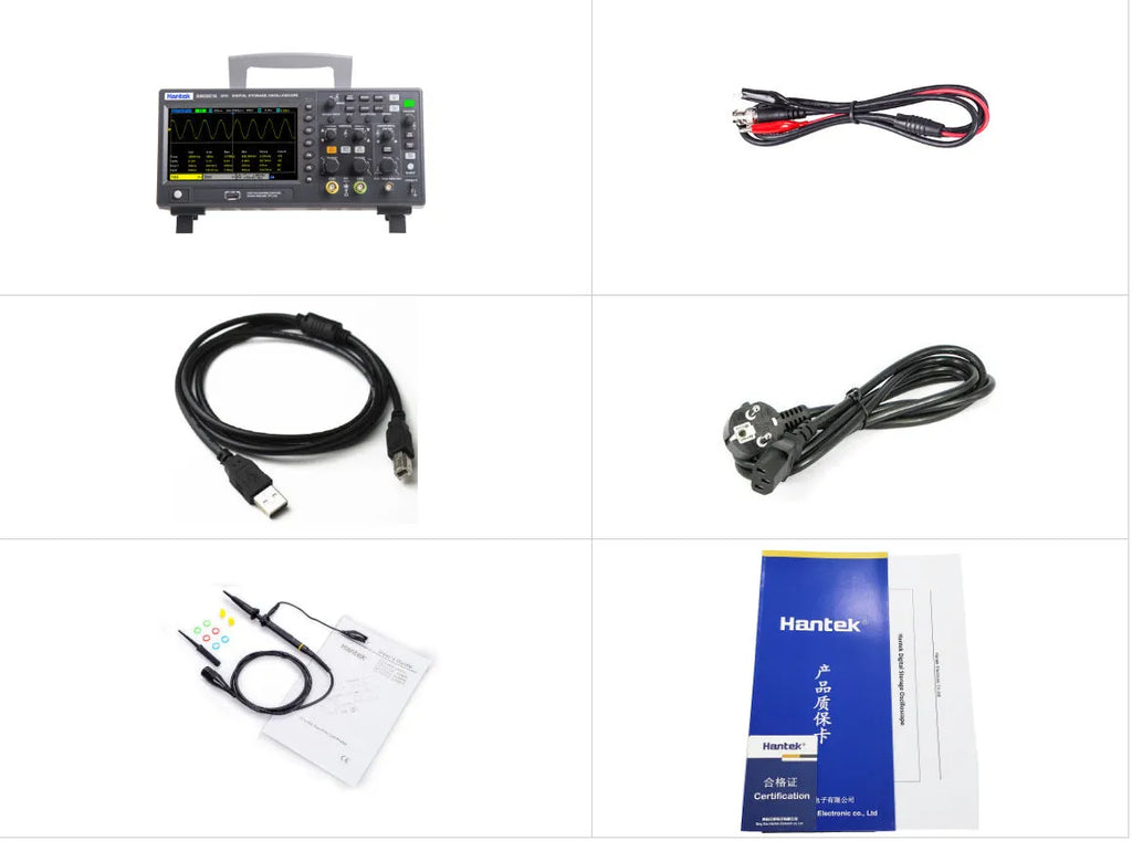 DSO2D10 digital storage oscilloscope front panel with dual channel inputs and display showing waveform