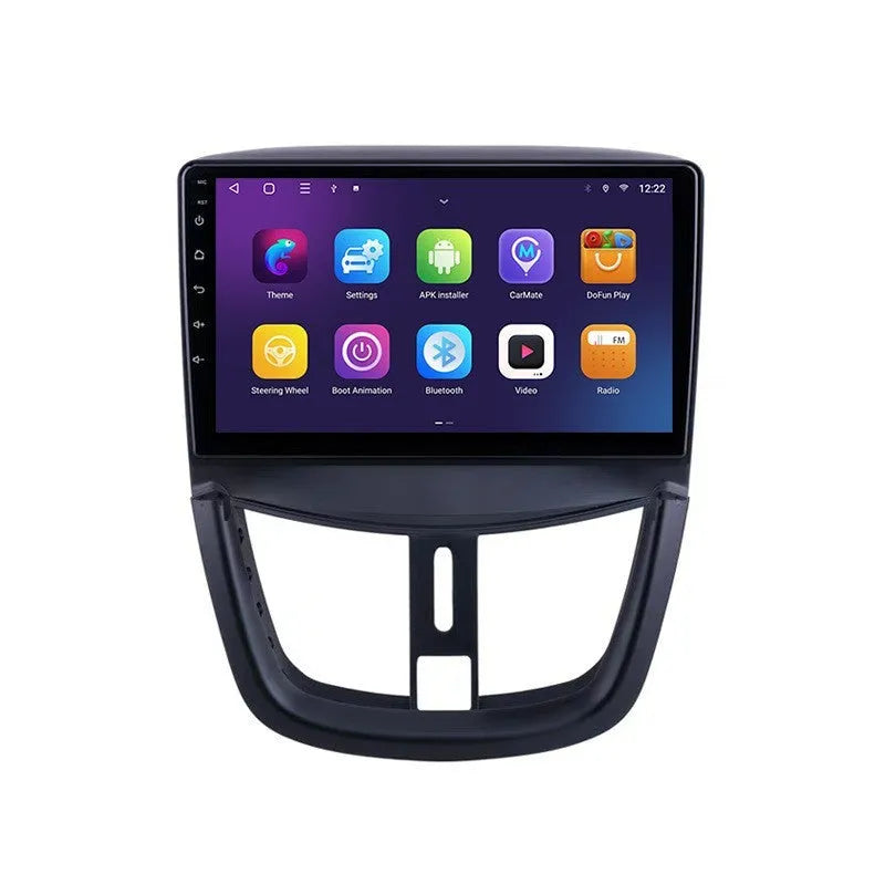 Black 9 inch Android car stereo with touchscreen display for Peugeot 207 featuring six configuration options