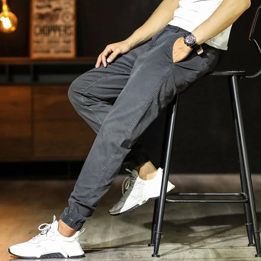 Men's khaki cotton tapered casual pants with ankle ties, mid waist and zipper fly, size 32
