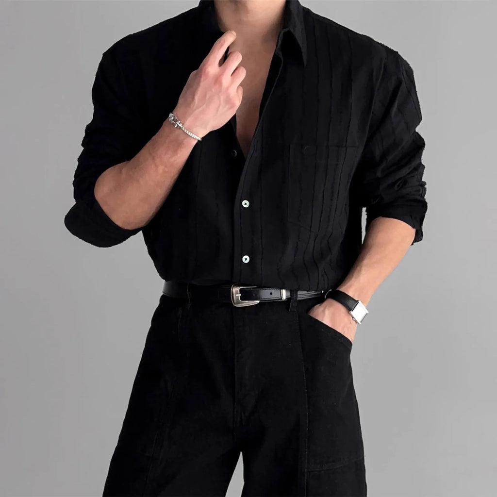 Long sleeve loose fit black polyester cardigan shirt with front pocket