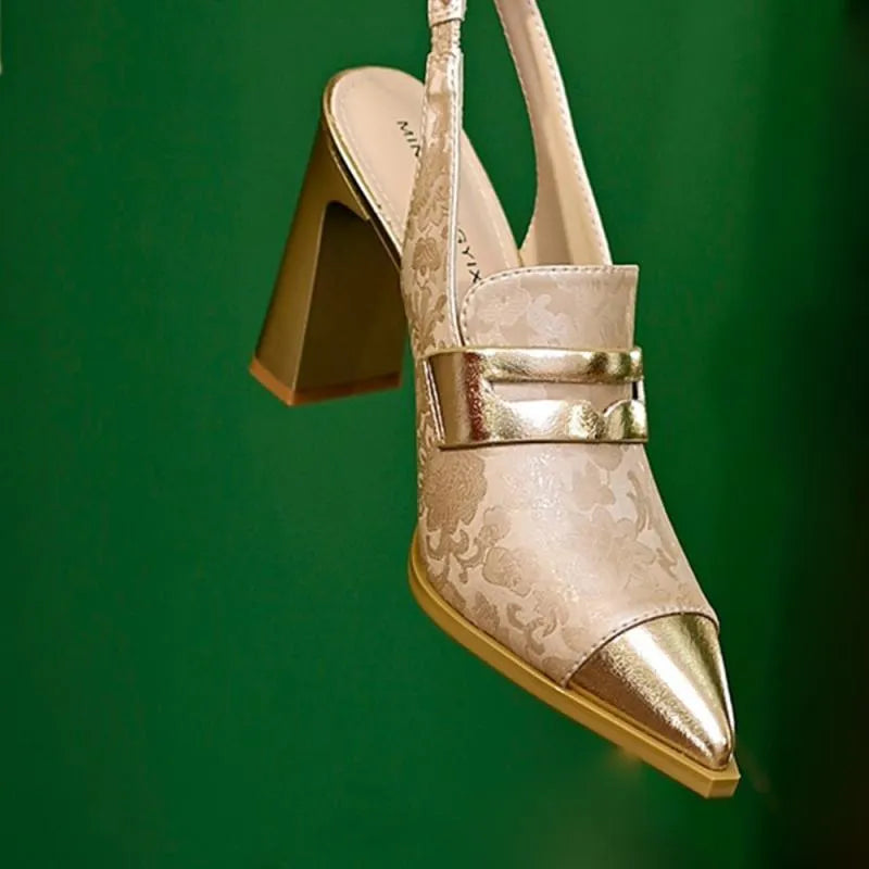 Korean style women's black chunky heel strap sandals with pointed toe and high-cut ankle design.