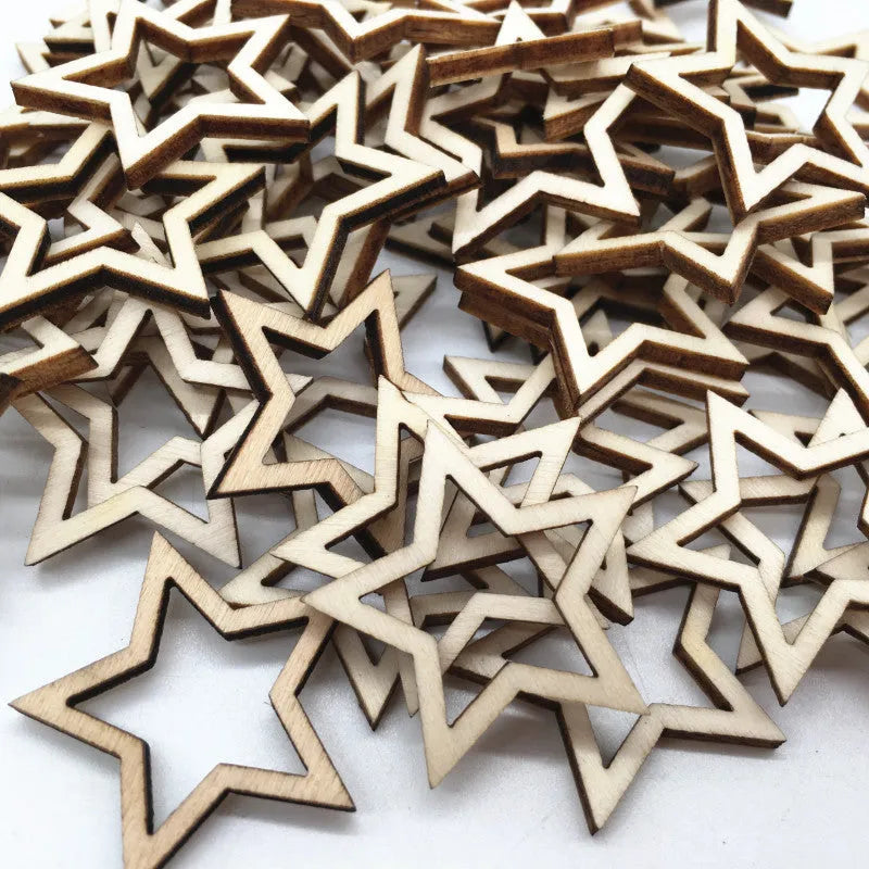 Wooden MDF hollow five-pointed star pendants in 10mm 20mm 30mm sizes with landscape flowers pattern individually packed