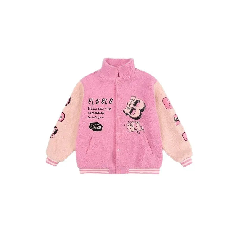 Plus size down lambswool cotton jacket for women in pink, green or blue, sizes M to 4XL, polyester college style