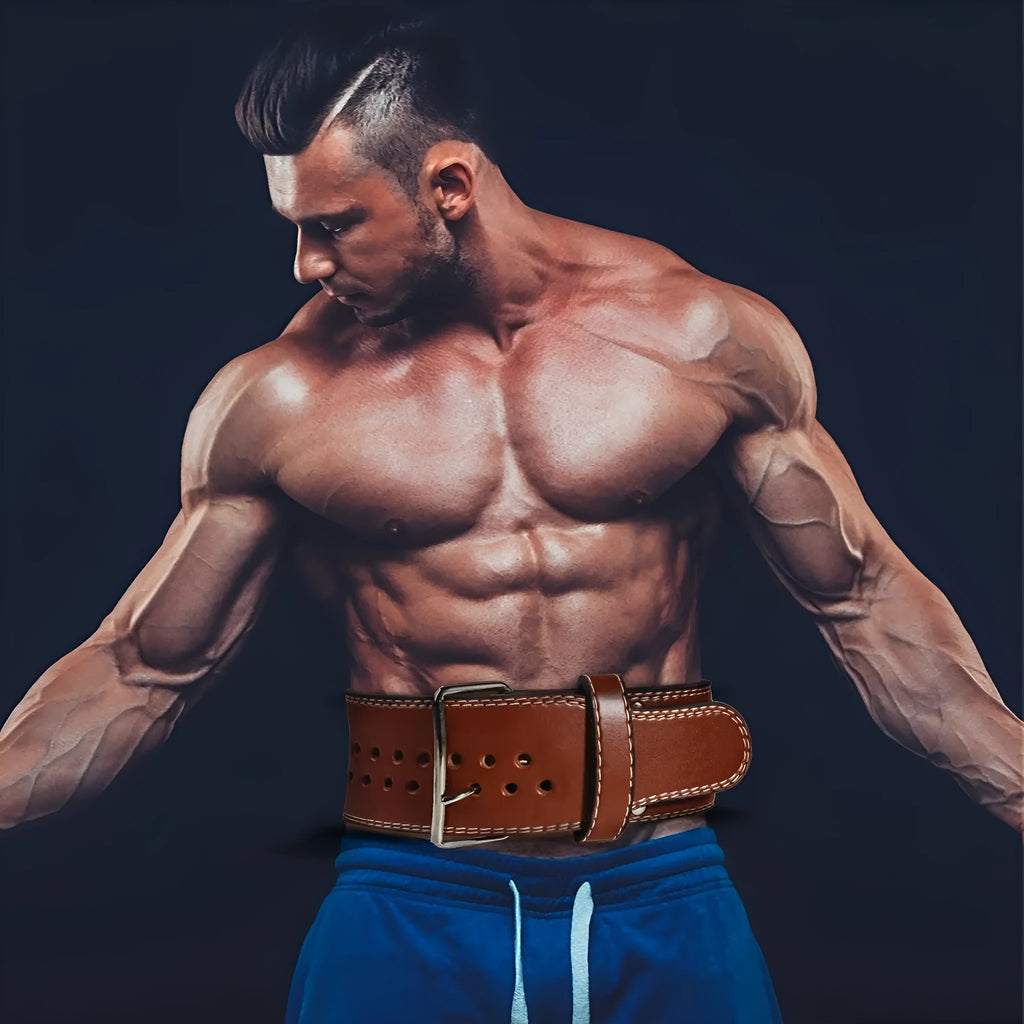 Black PU weightlifting belt with buckle, placed on gym floor for squat and deadlift training.