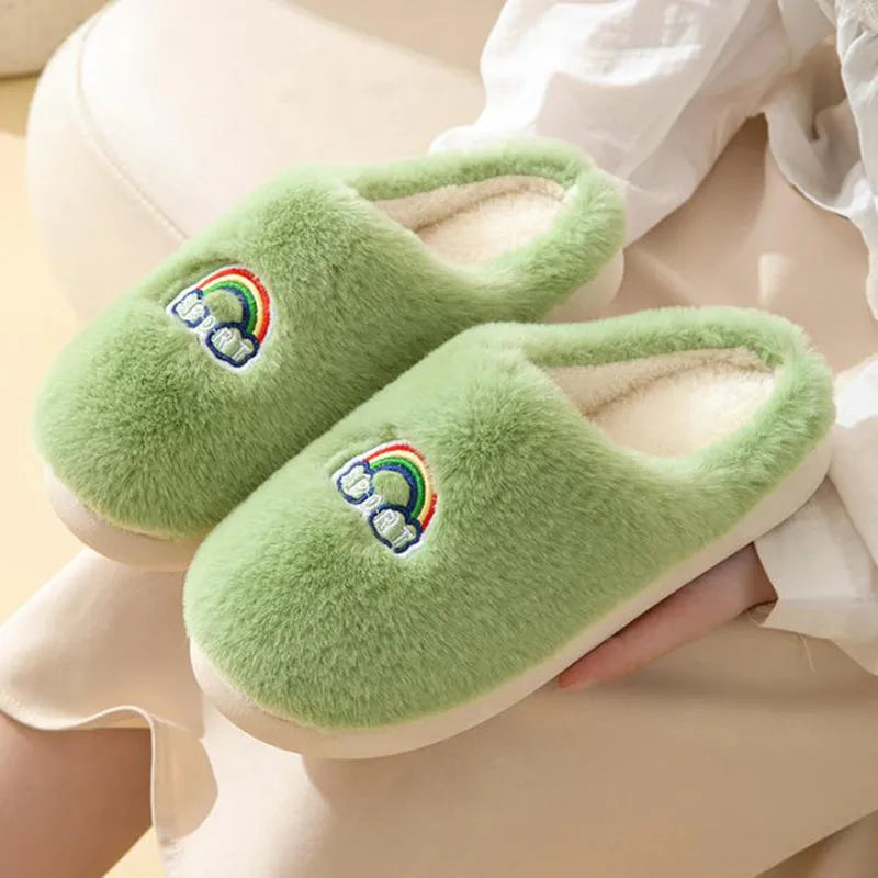 Kawaii rainbow embroidered plush slippers in white, rubber sole, wrapped toe, indoor winter wear