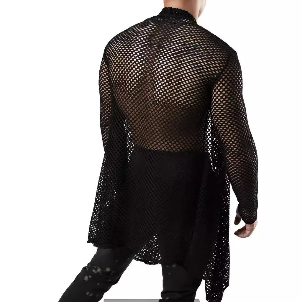 Black men's long-sleeve mesh cardigan with see-through hollow-out design, loose fit, sizes S to XXXL.