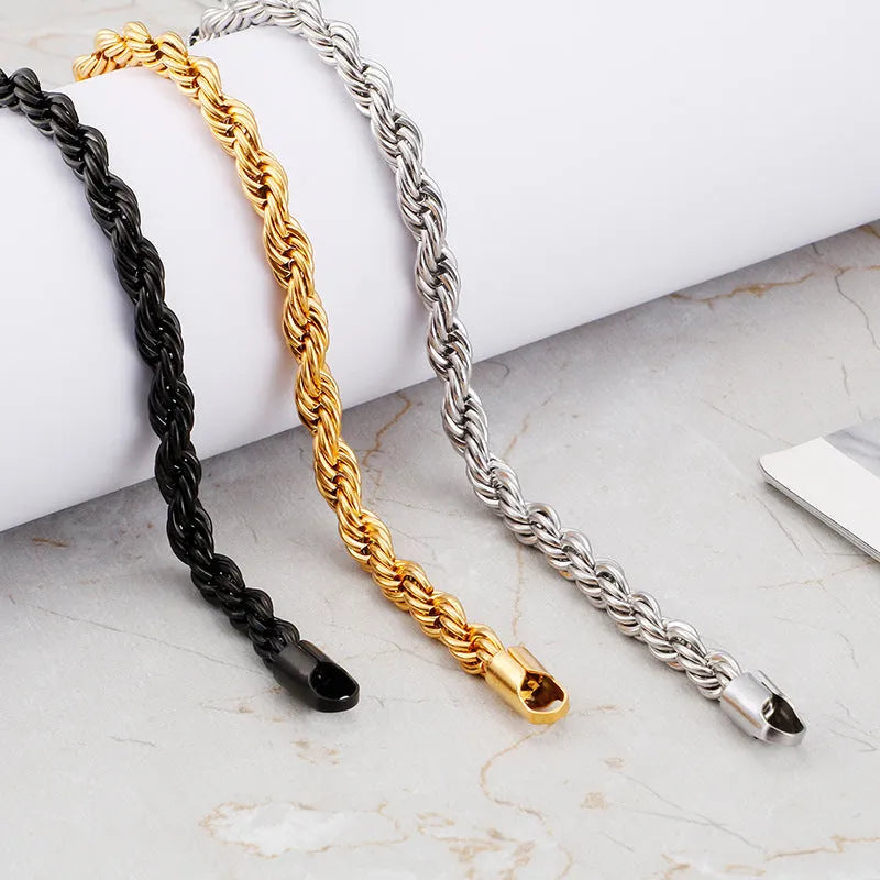 Double colour twist chain bracelet in titanium steel with electroplated finish, available in black, gold, silver