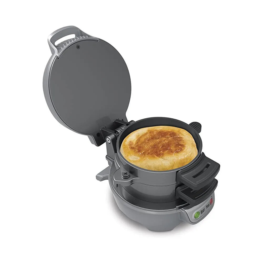 Bright red orange silver grey breakfast machine sandwich maker with egg cooker ring and waffle functions