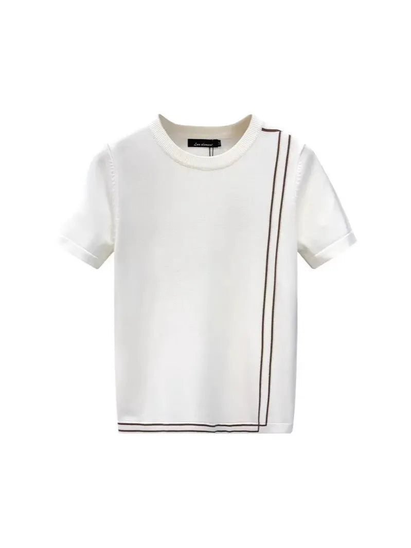 Striped knitted ice silk short sleeve men's slim fit T-shirt in black, drop shoulder design, summer retro style