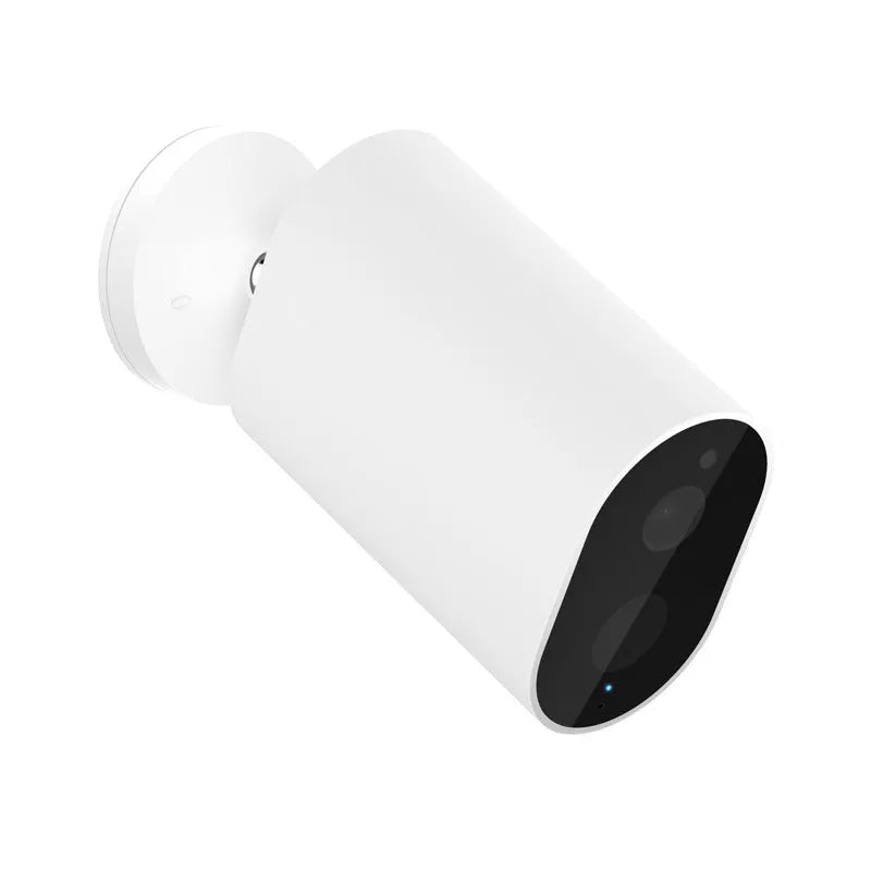 White wireless battery-powered security camera with 5100mAh, 120° view, and voice intercom on wall bracket