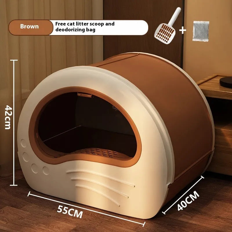 Extra large fully enclosed cat toilet in beige, classic grey, or brown with scoop and deodorising bag